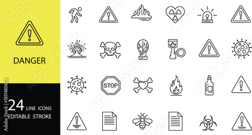 Danger warning line icons set, hazard alert symbols, safety risk illustrations, toxic biohazard signs, emergency caution outline graphics for signage