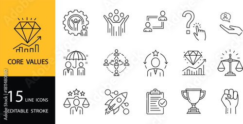 Core values line icons set, business ethics symbols, leadership and teamwork illustrations, achievement growth graphics, professional principles outline elements for branding