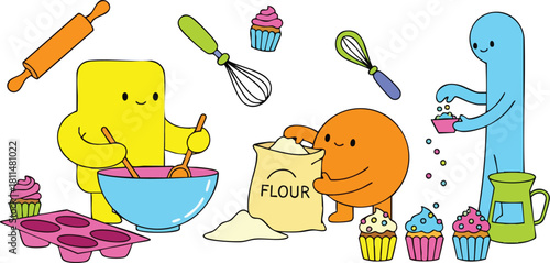 Cute cartoon characters baking cupcakes together with colorful kitchen utensils and ingredients in a playful scene