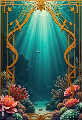 Underwater Scene with Golden Frame and Coral Reef