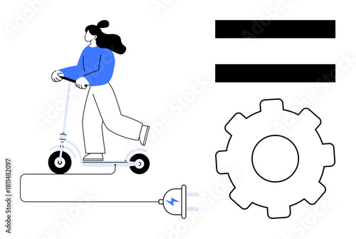 Woman on electric scooter, gear icon, equality symbol, charging cable. Ideal for sustainability, technology, transportation, equality innovation eco-friendly mobility modern design. Simple flat