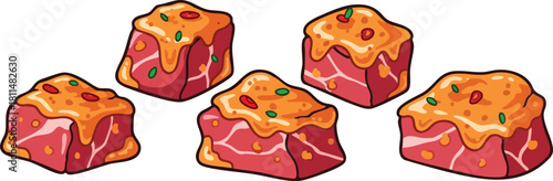 Five Pixel Art Cubes Of Raw Meat Topped With Orange Sauce And Green And Red Spices On A White Background