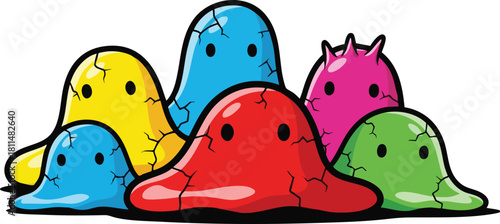A Group Of Colorful Goo Monsters With Crackled Texture And Simple Faces On A White Background