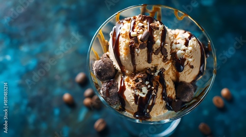 Decadent Ice Cream Sundae with Chocolate and Nuts – Realistic Top-Down Dessert Photography with Moody Lighting