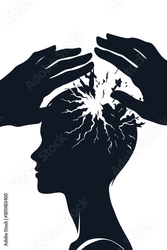 Silhouette of a woman with hands pressing on her head, symbolizing mental pressure, manipulation, and emotional trauma. Conceptual illustration of stress and psychological control.