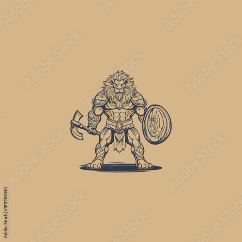 vector illustration of an anthropomorphic lion warrior dressed in medieval or fantasy armor, holding a battle axe and a wooden shield.