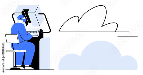 Person using computer with digital interface beside cloud graphics. Ideal for technology, innovation, remote work, cloud storage, IT solutions, software development, modern workplace. Simple flat