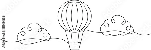 One line art hot air balloon - Minimalist continuous line drawing of balloon floating with clouds