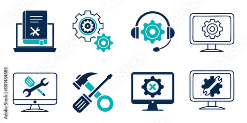 Set of eight computer repair and technical support icons featuring gears, tools, monitor, headset, and manual, isolated on