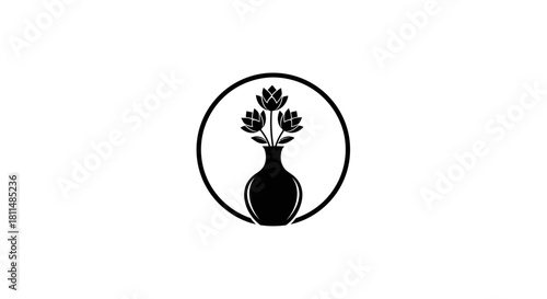 Simple Vase with Flowers Elegant Logo Design, Symbol for Floral Shops, Interior Decorators and Home Styling Services