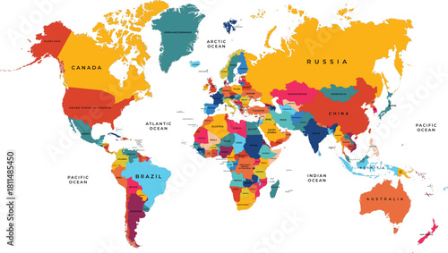 Colorful World Map with Country Boundaries and Continents