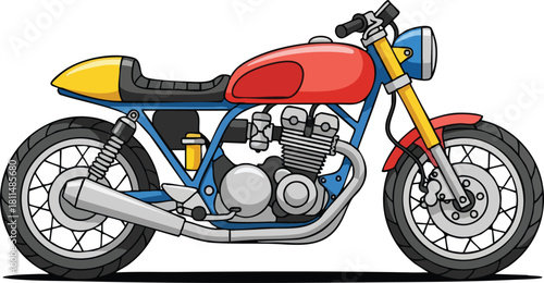 Retro Cafe Racer Motorcycle Red Yellow Blue and Chrome Detailed Pixel Art Illustration