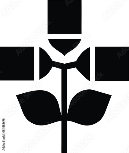 Abstract black silhouette of a cross with a growing plant motif