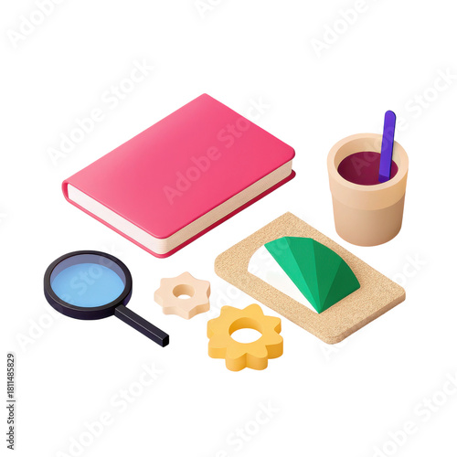 Book magnifying glass gears paper fan cup with spoon colorful objects study tools learning concept education items research
