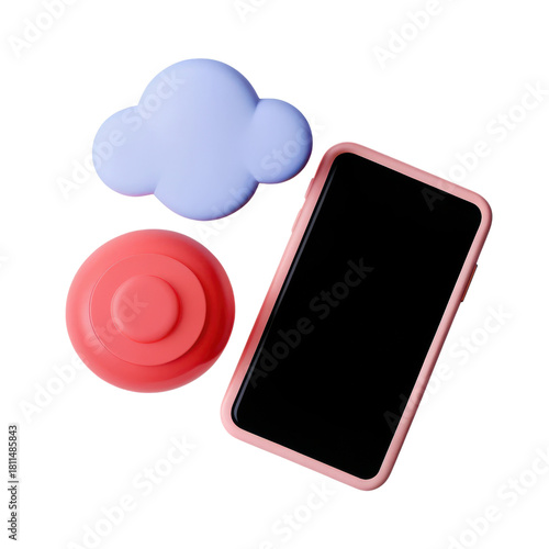 Smartphone with pink case, red circular button, and blue cloud icon, modern digital communication concept