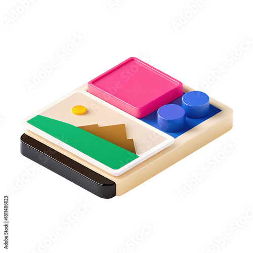 Colorful plastic building block toy with landscape design and geometric shapes in semi flat style