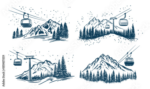 Ski lift in mountain sketch illustrations.	
