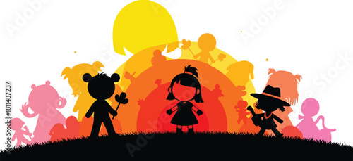 Silhouette children playing on grass hill with colorful sunset background