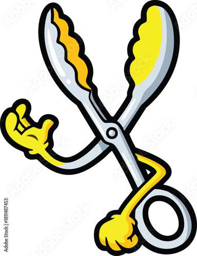 Cartoon Cooking Tongs With Yellow Gloves And Arms On White Background