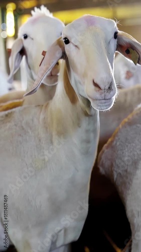 sheeps and lambs  standing in barn of farm for milk production and breeding and sale , real  video footage