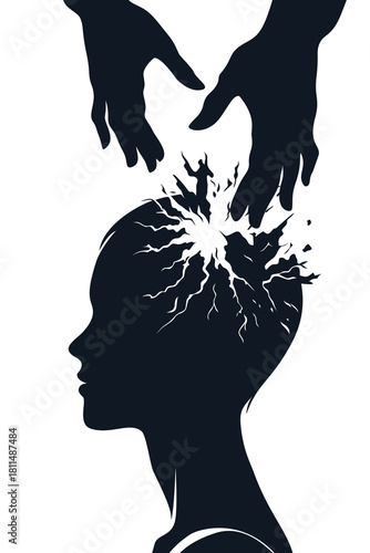 A surreal illustration showing hands manipulating a woman’s mind, symbolizing emotional control, trauma, and psychological influence. Powerful concept of mental vulnerability.
