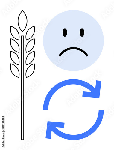 Gluten allergy concept. A wheat stalk, sad face, and recycling arrows symbolize gluten intolerance and its impact. Gluten awareness, dietary habits, health, food allergy labeling, nutrition planning