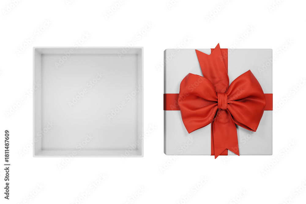 Naklejka premium Open christmas gift box with red bow isolated on white background top view. New year holiday present with tie ribbon on transparent backdrop top view.