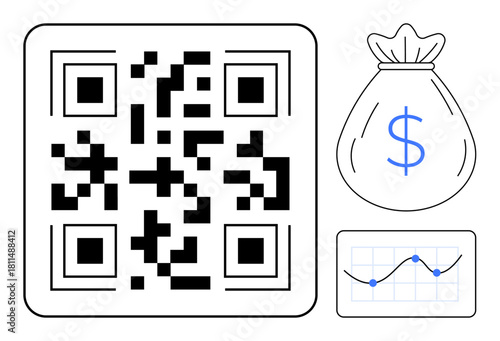 QR code, dollar-sign money bag, and line graph highlight digital payments, payments tech, transactions. Ideal for fintech, e-commerce, cashless payments, analytics business modern tech simple flat