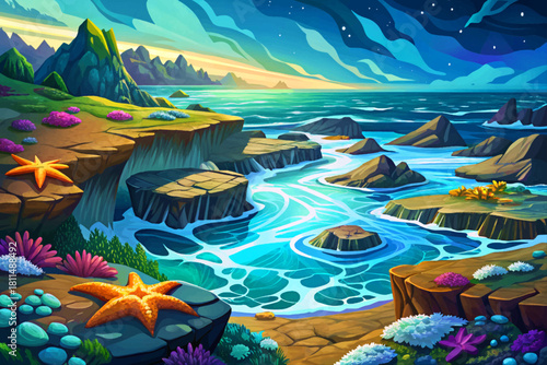 Cape Perpetua Tide Pools Oregon Coast Hidden ocean tide pools with neon starfish and sea anemones glowing beneath crashing waves