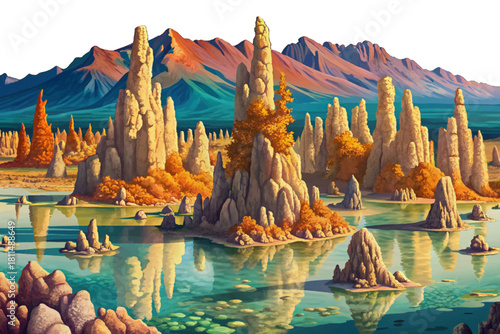 Mono Lake Tufa Towers California Otherworldly limestone towers rising from still blue lake, surrounded by silent volcanic desert