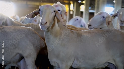 sheeps and lambs  standing in barn of farm for milk production and breeding and sale , real  video footage