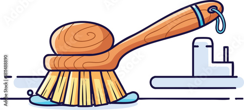 Wooden Scrub Brush With Bristles And Blue Water Drops Near Outline Of White Building And Two Horizontal Lines And Blue Ring Detail