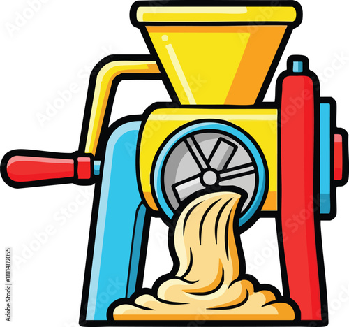 Colorful Manual Meat Grinder Processing Dough With Red Handle And Blue Base On White Background