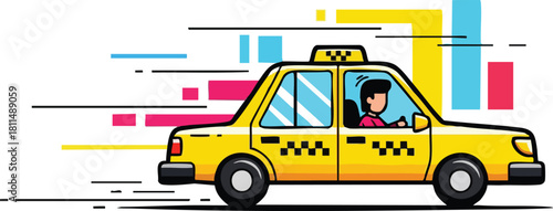 Yellow Pixel Art Taxi Cab with Driver in Motion Blur and Colorful Abstract Background