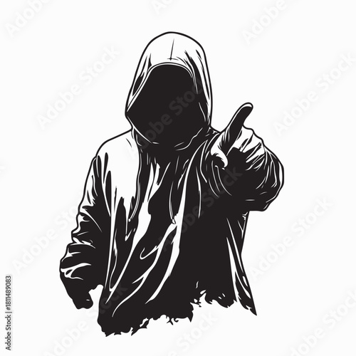 Mysterious Hooded Man Pointing Silhouette Vector on white background