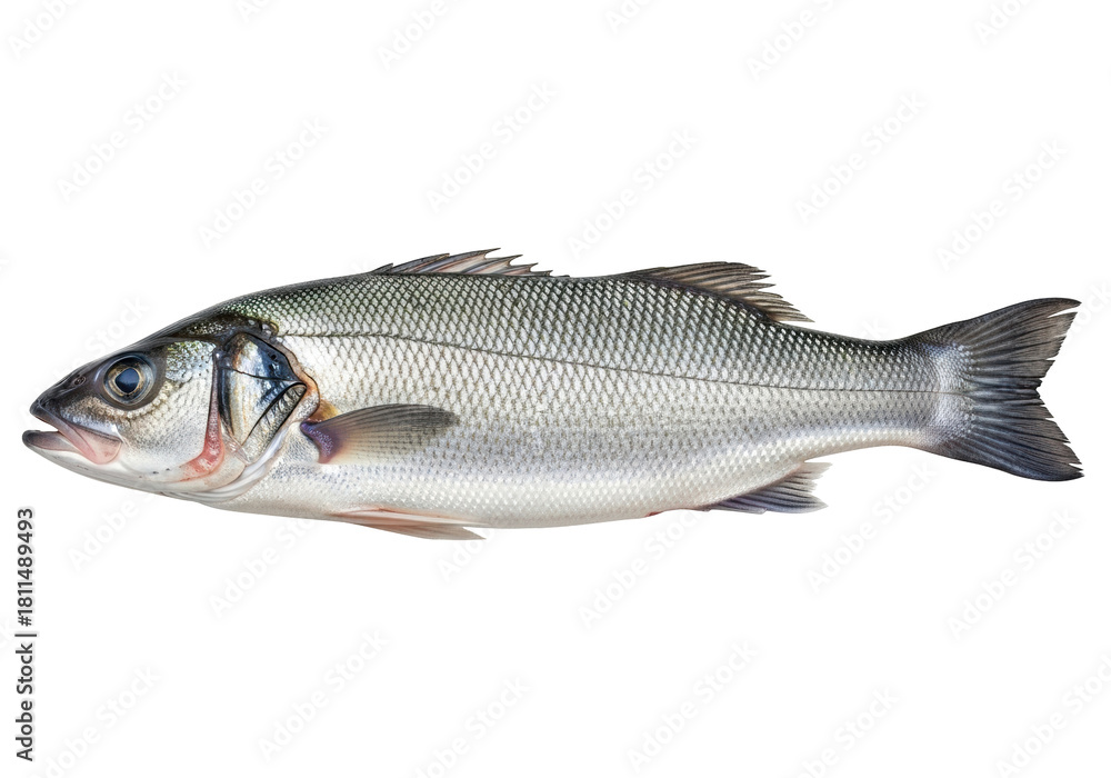 Obraz premium Isolated silvery sea bass with smooth skin and visible scales on a clean surface