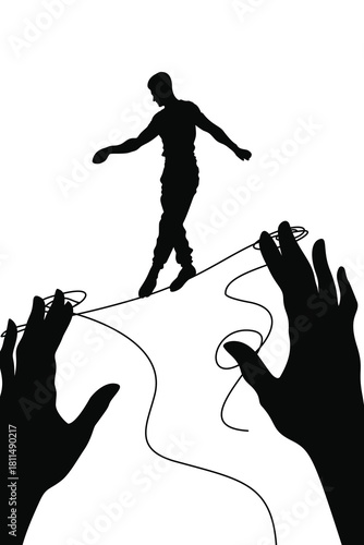 A surreal illustration of a man balancing on a tightrope held by large hands, symbolizing control, manipulation, and the struggle to maintain stability in life.