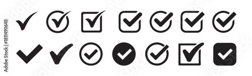 Set of black check mark icons approval sign checkbox ok yes complete concept