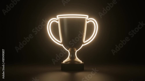 A dark trophy with a bright, glowing neon outline stands prominently against a deep black background, symbolizing achievement and success.