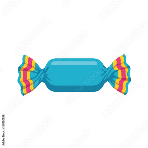 A bright blue candy wrapper with colorful yellow and pink stripes at the ends, isolated on a white background