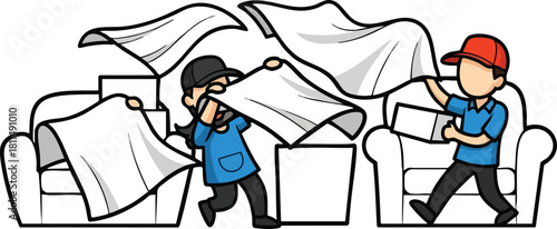 Two People Tossing Blankets Over White Sofas And Chairs With White Background