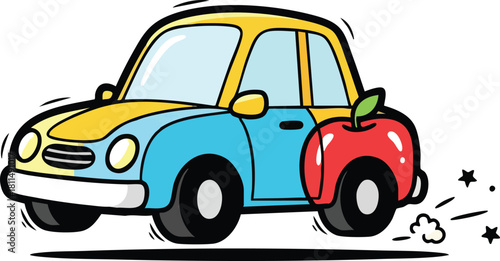 Cartoon yellow and blue car with red apple on the side driving fast on white background with motion effect