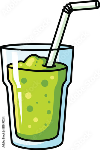 Green smoothie in a clear glass with a white striped straw and white background