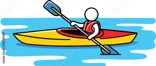 Simple Yellow Red Kayak with White Figure Paddling on Blue Water