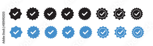 Set of verified check mark icons black and blue quality guarantee trusted badges