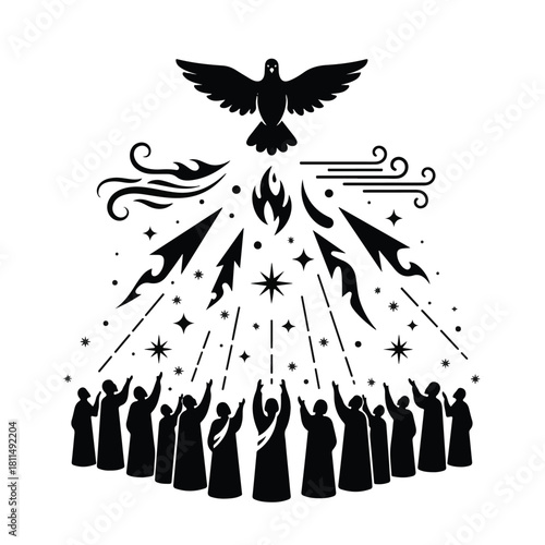 Symbolic illustration depicting a dove descending upon a group of figures, with flames and rays.