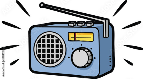 Retro Blue Radio Playing Music with Antenna Extended and Sound Waves Emanating