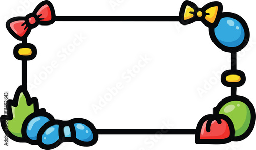 Rectangular Border Frame with Red Blue Yellow Bows and Green Leaves White Background