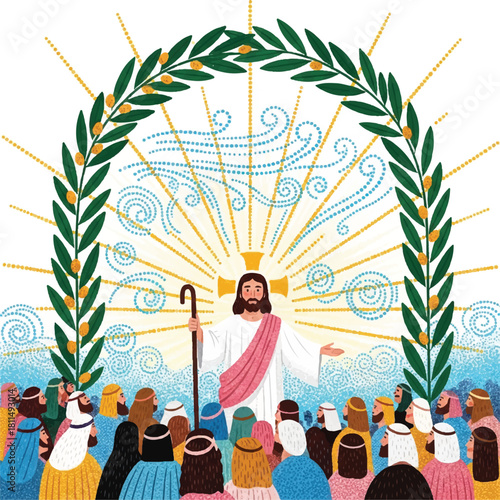 Illustration depicting Jesus Christ addressing a crowd of people, radiating light and hope.