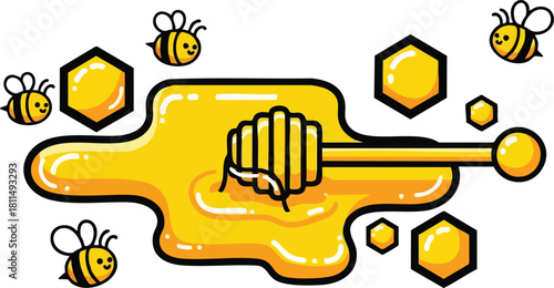 Cartoon Bees And Honeycomb With Dripping Honey And Honey Dipper Pixel Art